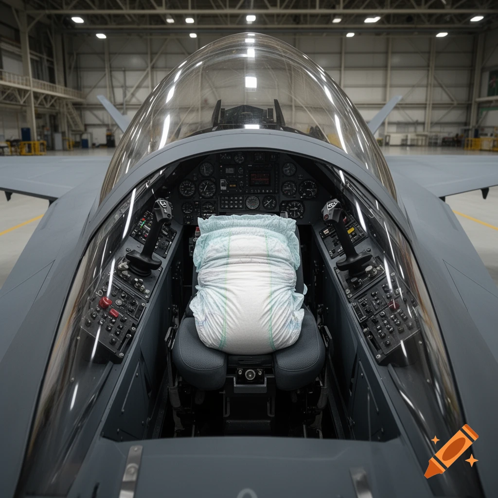A large, full white diaper sits in the pilot's seat of a grey jet fighter in a hangar.
