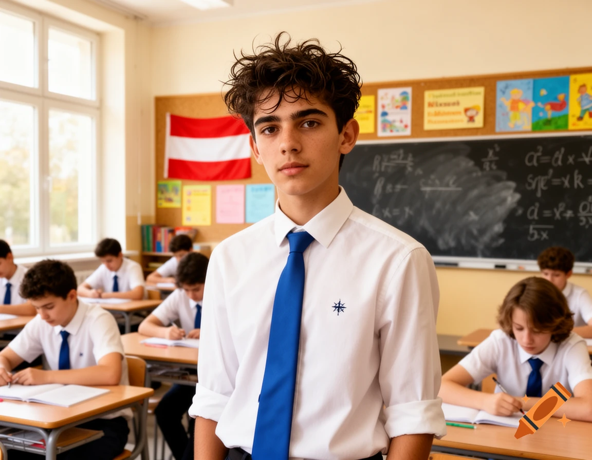 A male student in a white shirt and blue tie stands in a classroom with other students at their desks, with an Austrian flag on the wall.