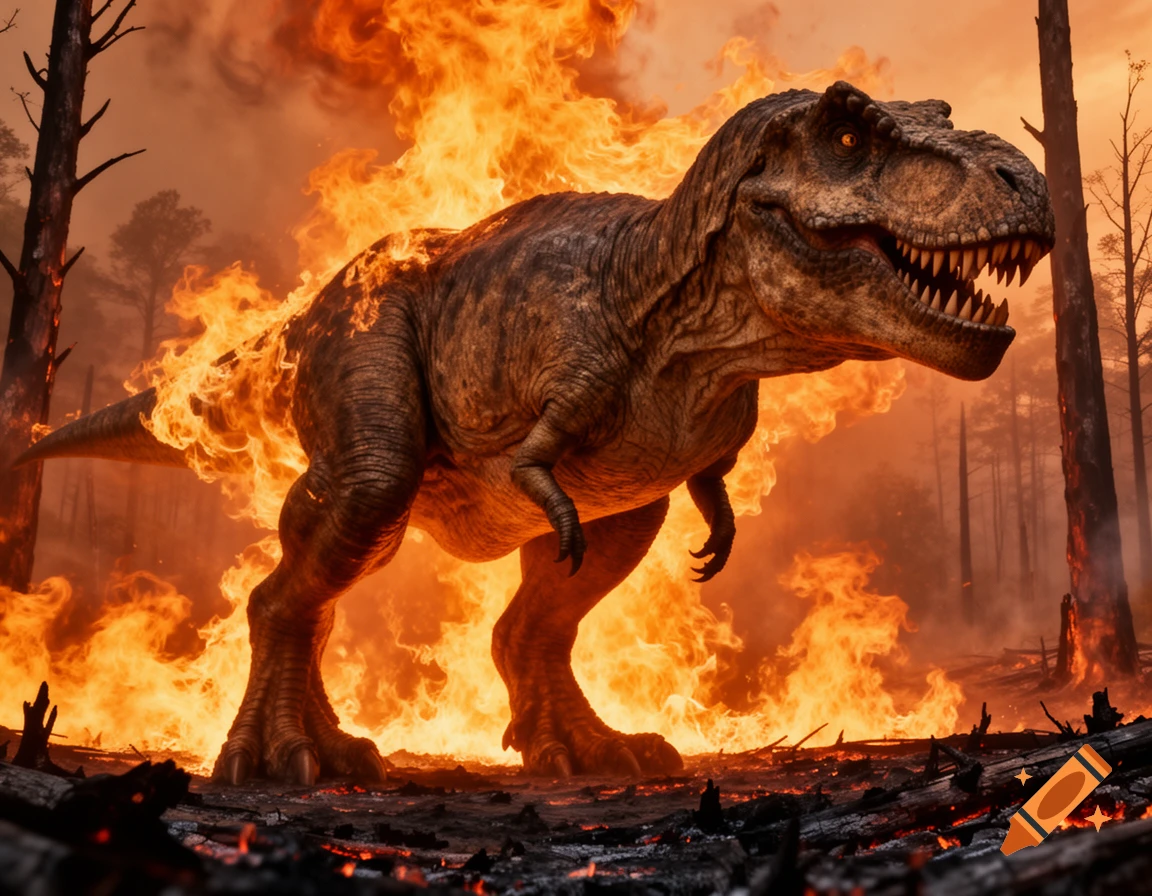A powerful T-Rex stands amidst a fiery forest, engulfed in flames, with smoke and burning trees surrounding it.