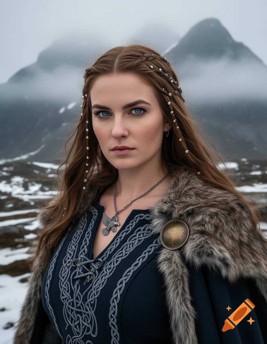 Photorealistic portrait of a woman with long brown hair and blue eyes, dressed as a Viking princess in a fur-lined cloak and embroidered gown, standing in snowy mountains.