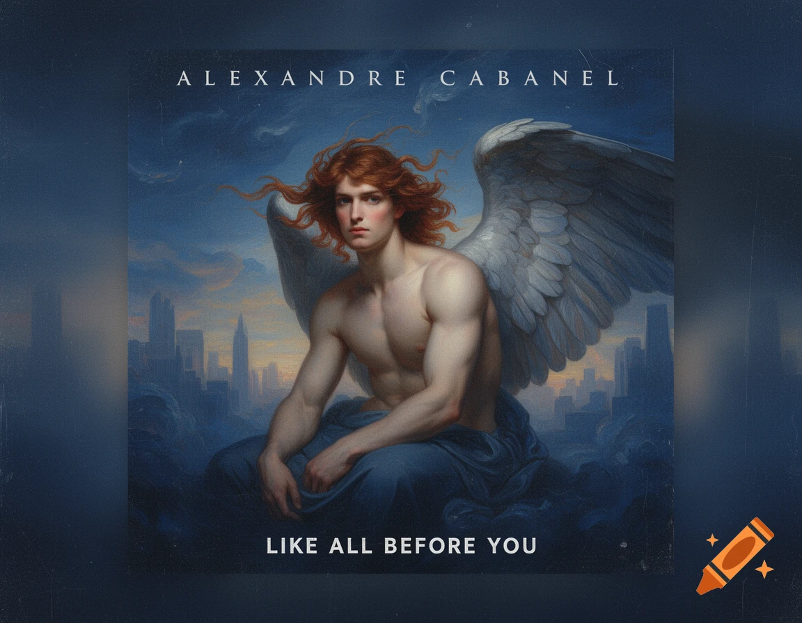 Classical painting style album cover featuring a red-haired, bare-chested male angel with white wings and blue drapery, set against a city skyline.