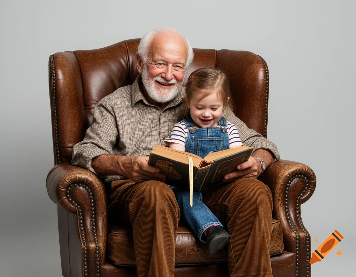 A smiling grandfather and his young granddaughter read an old book together in a brown leather armchair, against a gray background.