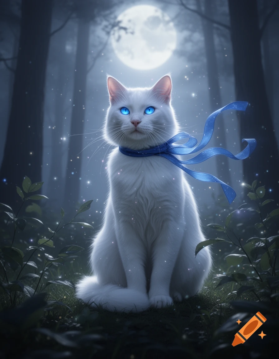 A majestic white cat with luminous blue eyes and a flowing blue ribbon sits in a mystical, moonlit forest with sparkling particles.