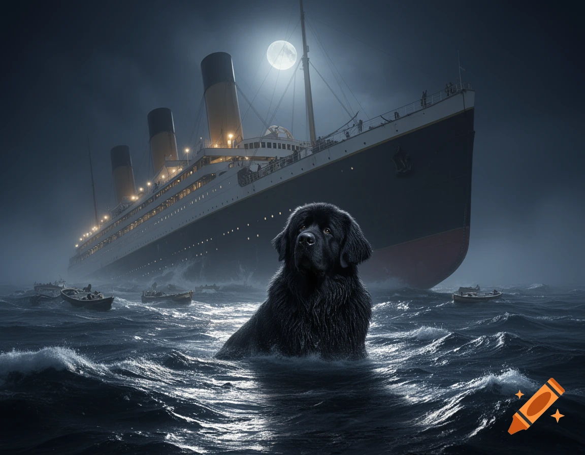 A photorealistic image of a black Newfoundland dog floating in rough dark ocean waves, with the stern of the Titanic ship sinking dramatically under a full moon in the background.