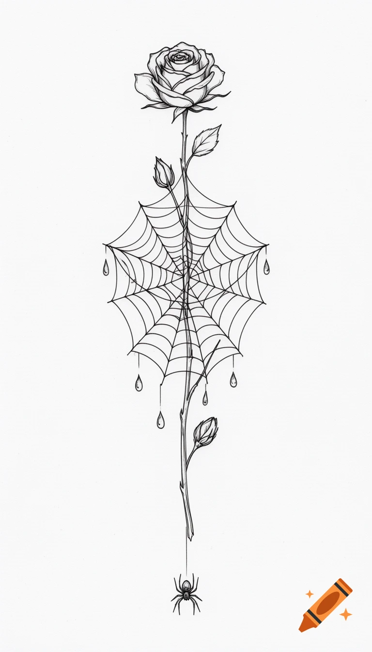 Minimalist black line art of a rose stem with a bloom and bud, intertwined with a spider web, dew drops, and a spider at the bottom.