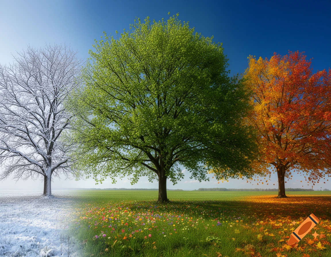 A photorealistic landscape showing three trees transitioning through seasons: winter, spring, and autumn, under a blue sky.
