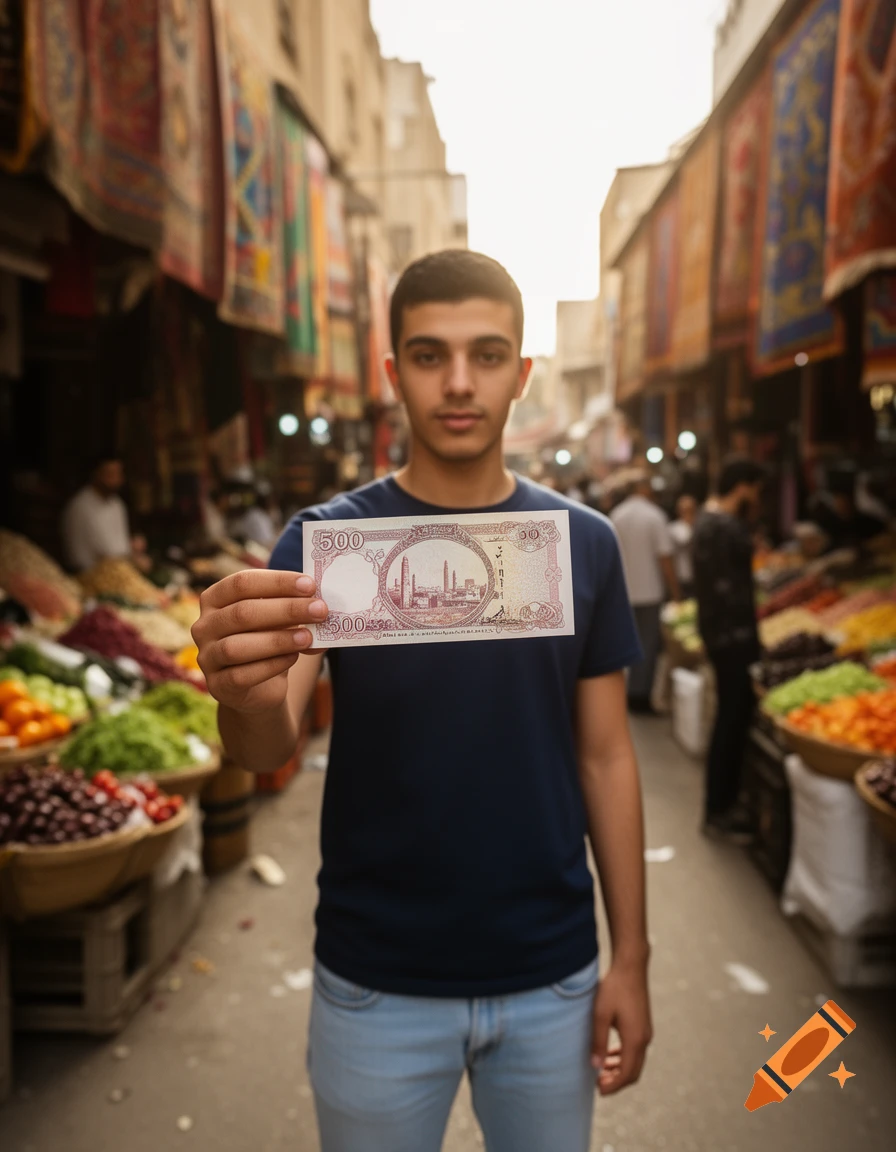 A young man holds a 500 Syrian pound note while standing in a busy, colorful marketplace.