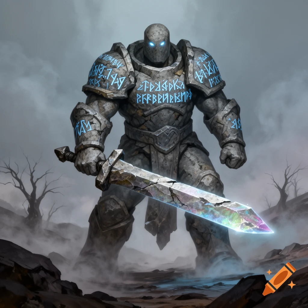 A large stone golem with glowing blue runes on its armor and eyes stands in a misty, barren landscape, holding a cracked, iridescent sword.