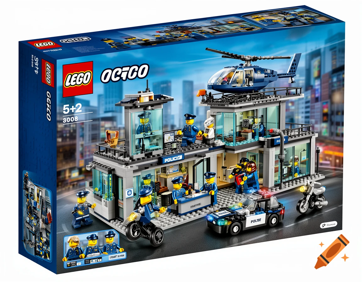 A LEGO set box featuring a police station with several police minifigures, a police car, a motorcycle, and a helicopter.