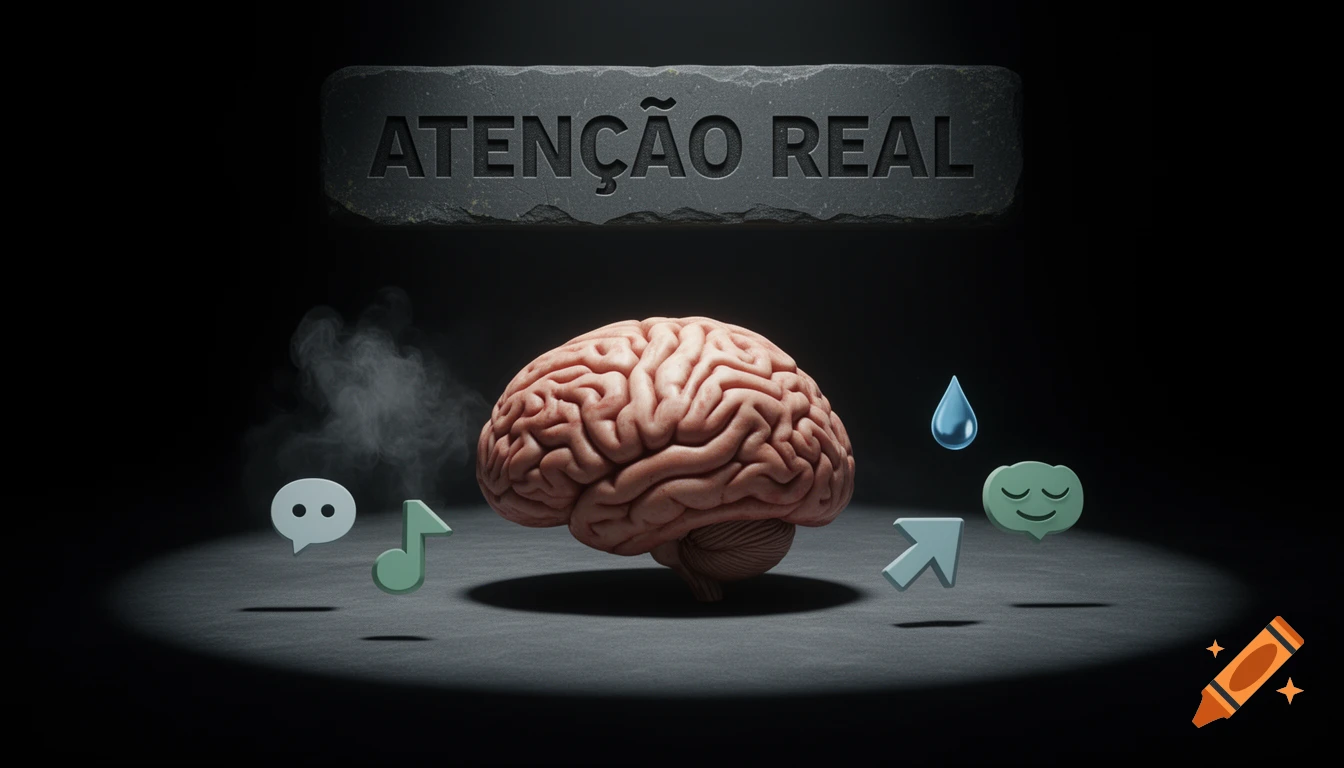 Ultrarrealistic human brain under a spotlight, surrounded by symbolic icons (smoke, music, chat, arrow, water drop, sleepy face) and a stone slab with 'ATENÇÃO REAL'.