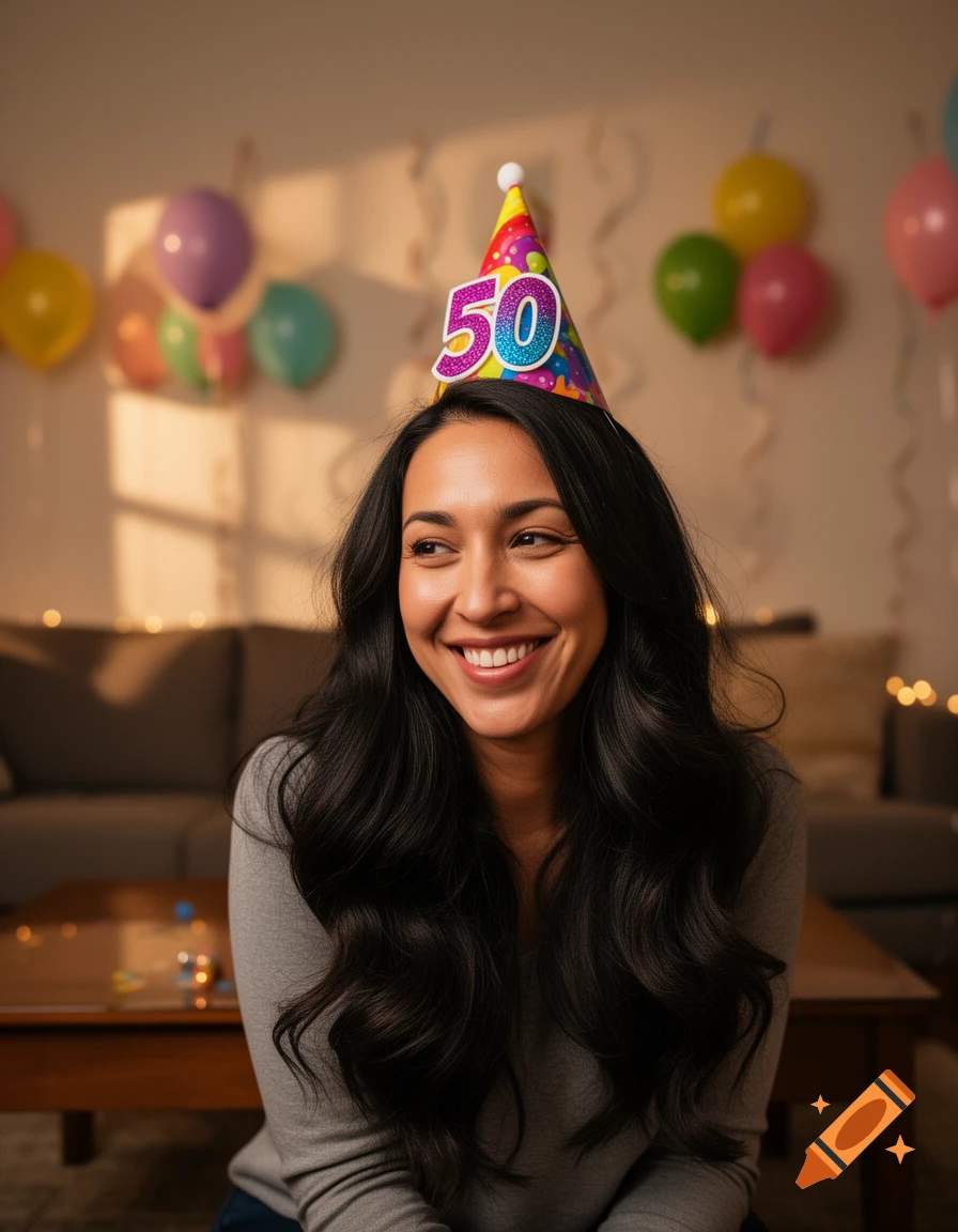 Smiling woman with long dark wavy hair wearing a colorful birthday hat with '50' in a room with balloons.