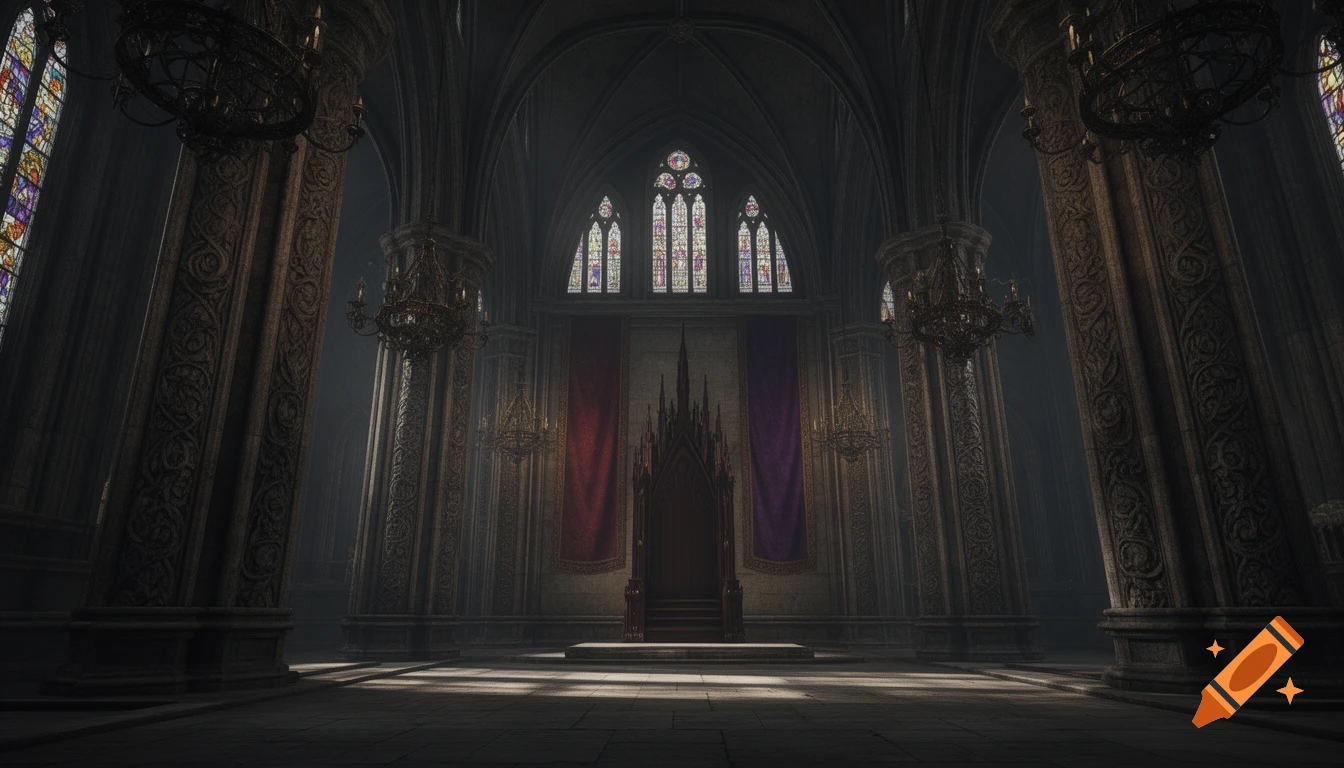 A wide, cinematic shot of an empty, towering gothic throne room with a central throne, stained glass windows, and heavy shadows.