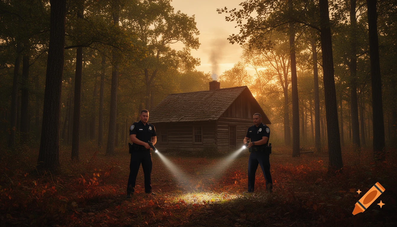 Two police officers with flashlights and firearms stand in a forest clearing in front of a rustic cabin at sunset, photorealistic.