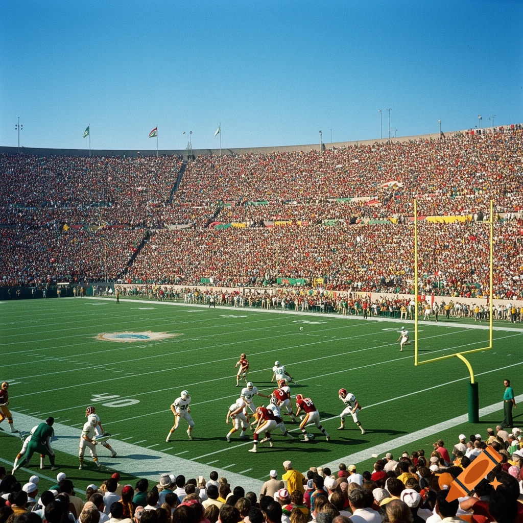 A wide shot of an American football game in a large, crowded stadium under a clear blue sky.