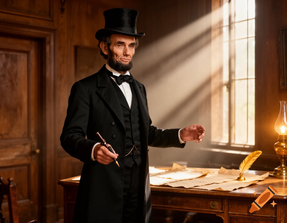 Photorealistic image of Abraham Lincoln in a top hat and suit, standing in a sunlit wooden office, holding a pen and gesturing.