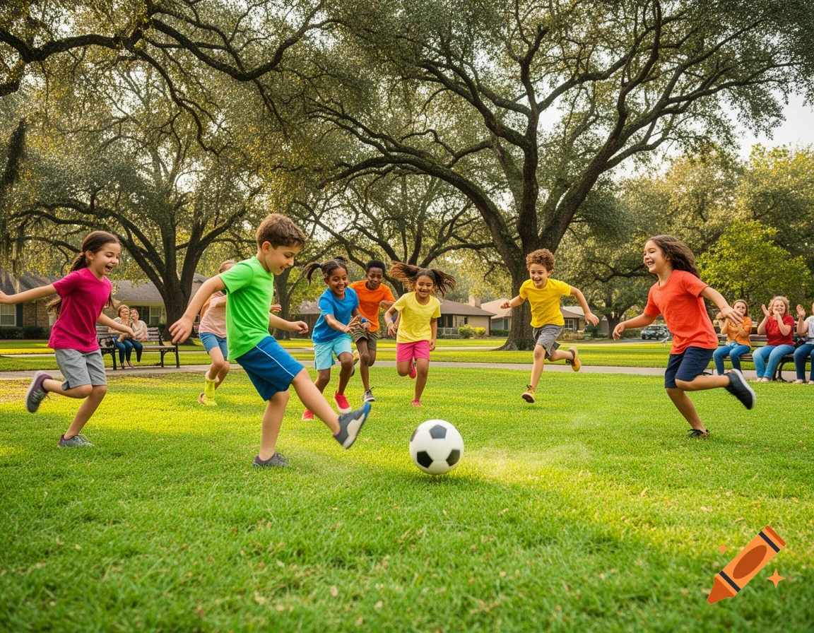 Smiling children play soccer on a green lawn in a park with large trees, while adults watch from a bench.