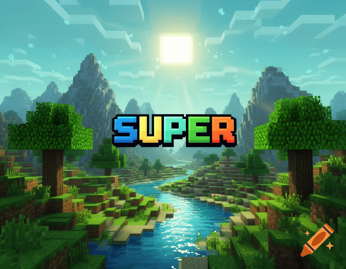 Pixelated Minecraft landscape with mountains, a river, and trees under a bright sun, with the word 'SUPER' floating centrally.