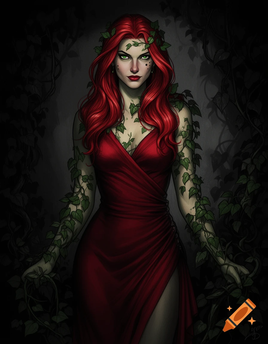 A highly detailed, noir-style illustration of Poison Ivy with long red hair, green eyes, and vines on her skin, wearing a sleek red dress.