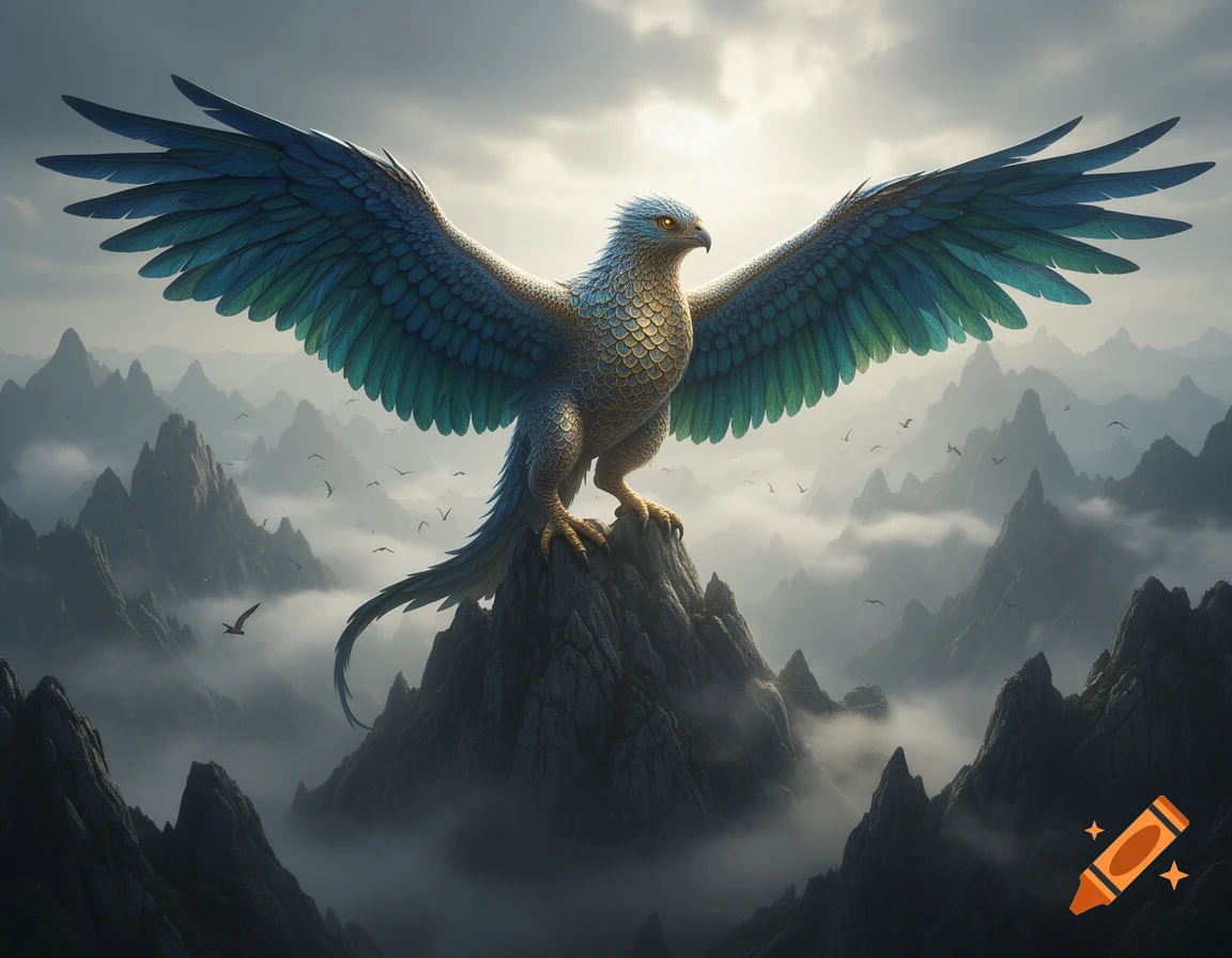 A majestic blue and gold griffin with outstretched wings perches on a misty mountain peak.