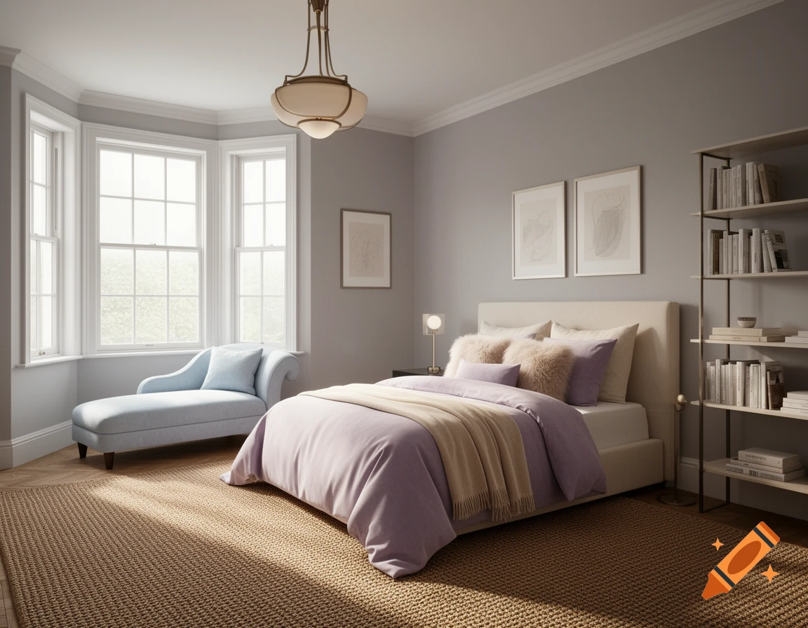 A bright, modern bedroom with a large window bay, a bed with lavender bedding, a light blue chaise lounge, and a tall bookshelf.