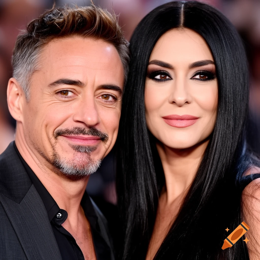 Close-up, photorealistic portrait of Robert Downey Jr. and a dark-haired woman, both smiling slightly.