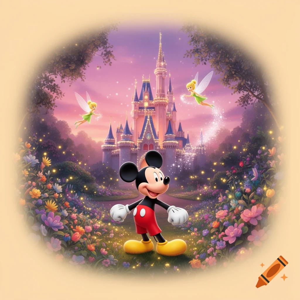 Mickey Mouse stands in a magical glowing flower garden in front of a sparkling fantasy castle with two fairies flying overhead.