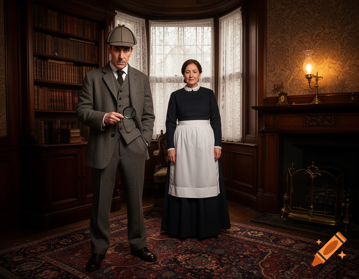 A man in a tweed suit and deerstalker hat holding a magnifying glass stands with a woman in a dark dress and white apron in a photorealistic Victorian room.