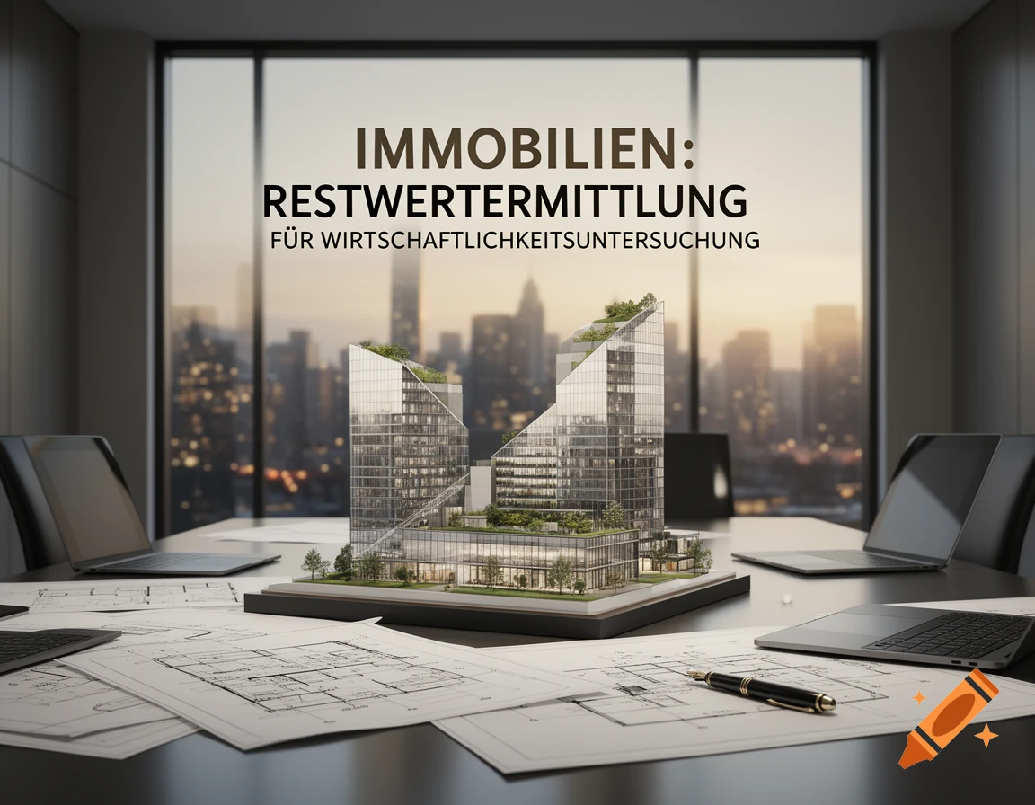 Photorealistic image of a modern building model on an office table with blueprints, laptops, and German text about real estate valuation.