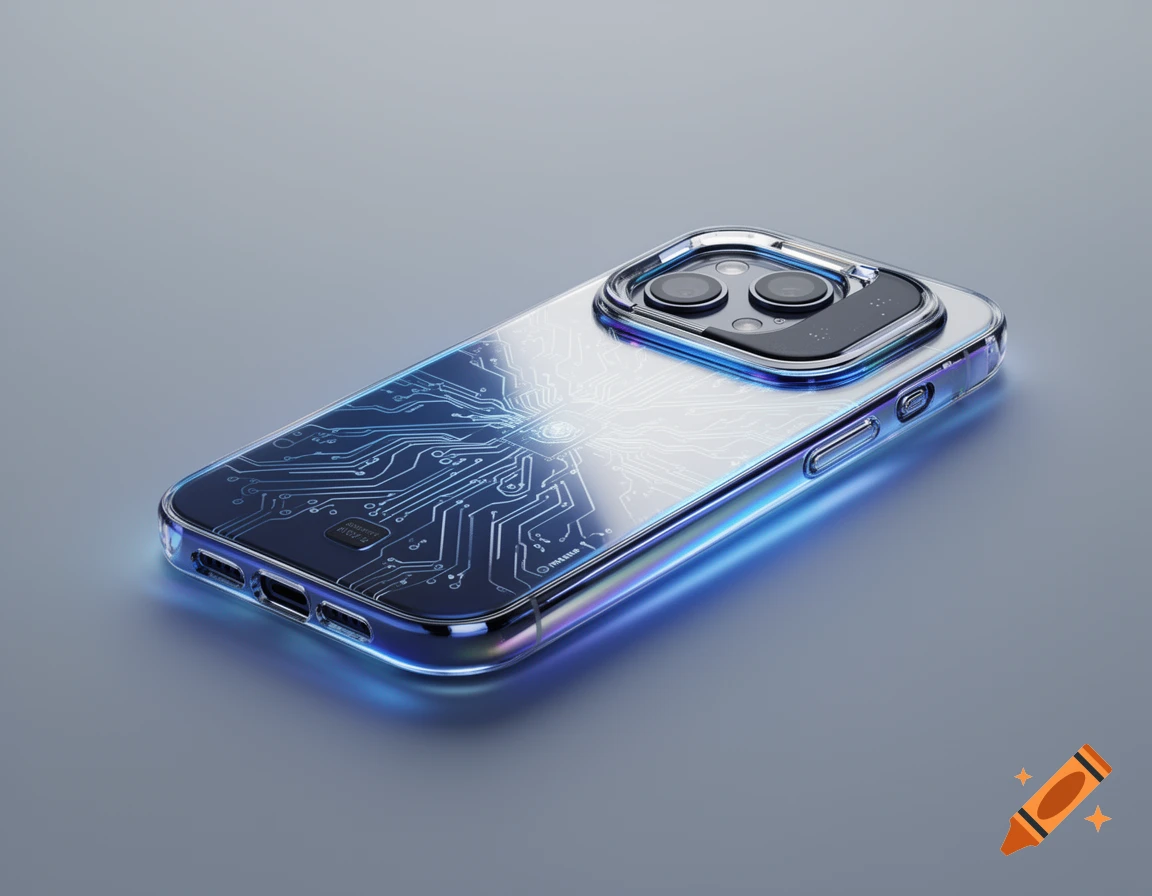 Photorealistic render of an iridescent transparent iPhone case with a glowing blue circuit board design on a grey surface.