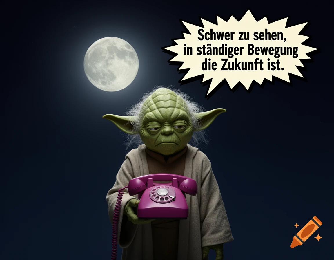 Yoda, under a full moon, holds a magenta rotary phone, looking troubled, with a speech bubble 'Schwer zu sehen, in ständiger Bewegung die Zukunft ist.'