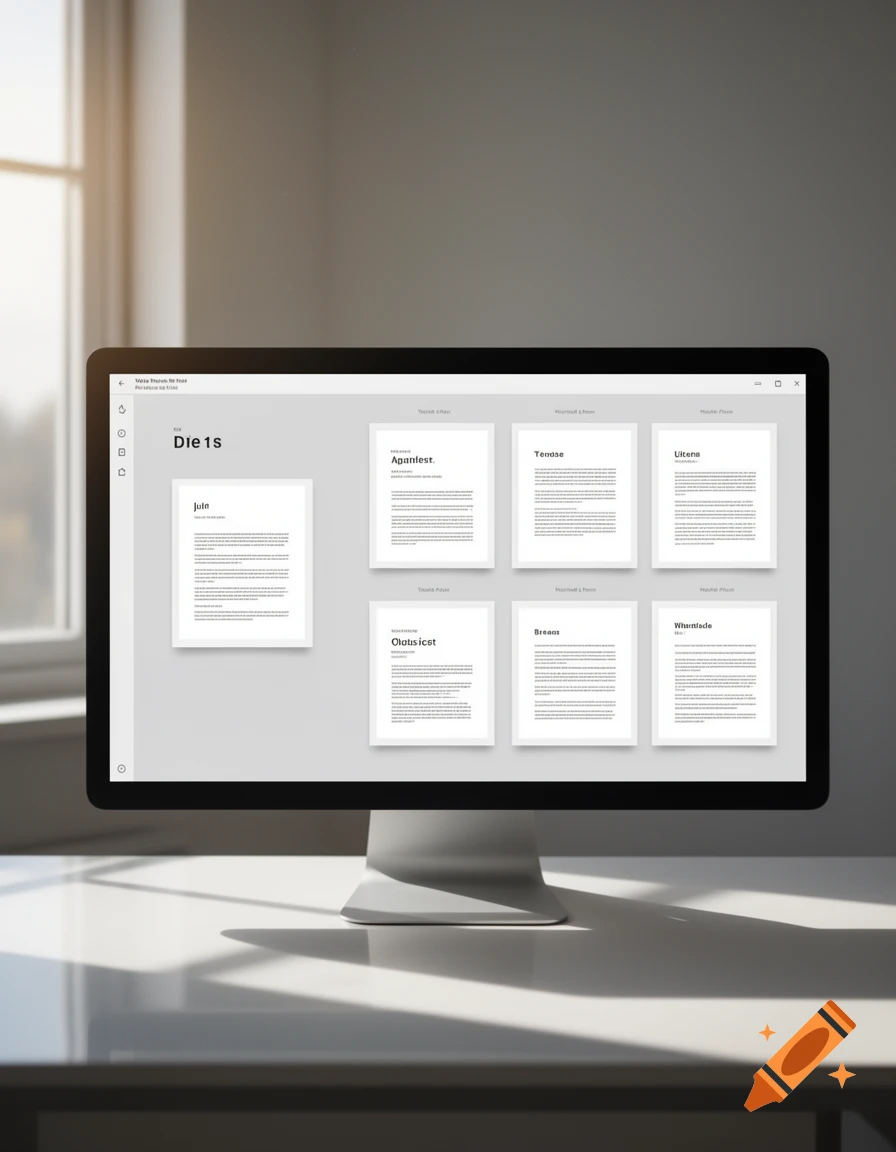 A close-up view of a computer monitor on a white desk, displaying a file management interface with several document previews. Sunlight streams in from a window on the left.