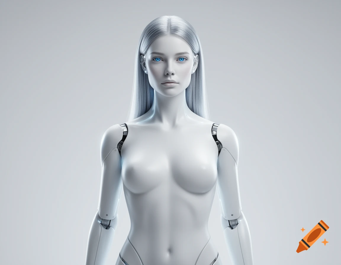Photorealistic depiction of a white female humanoid robot with long silver hair and glowing blue eyes, against a grey background.