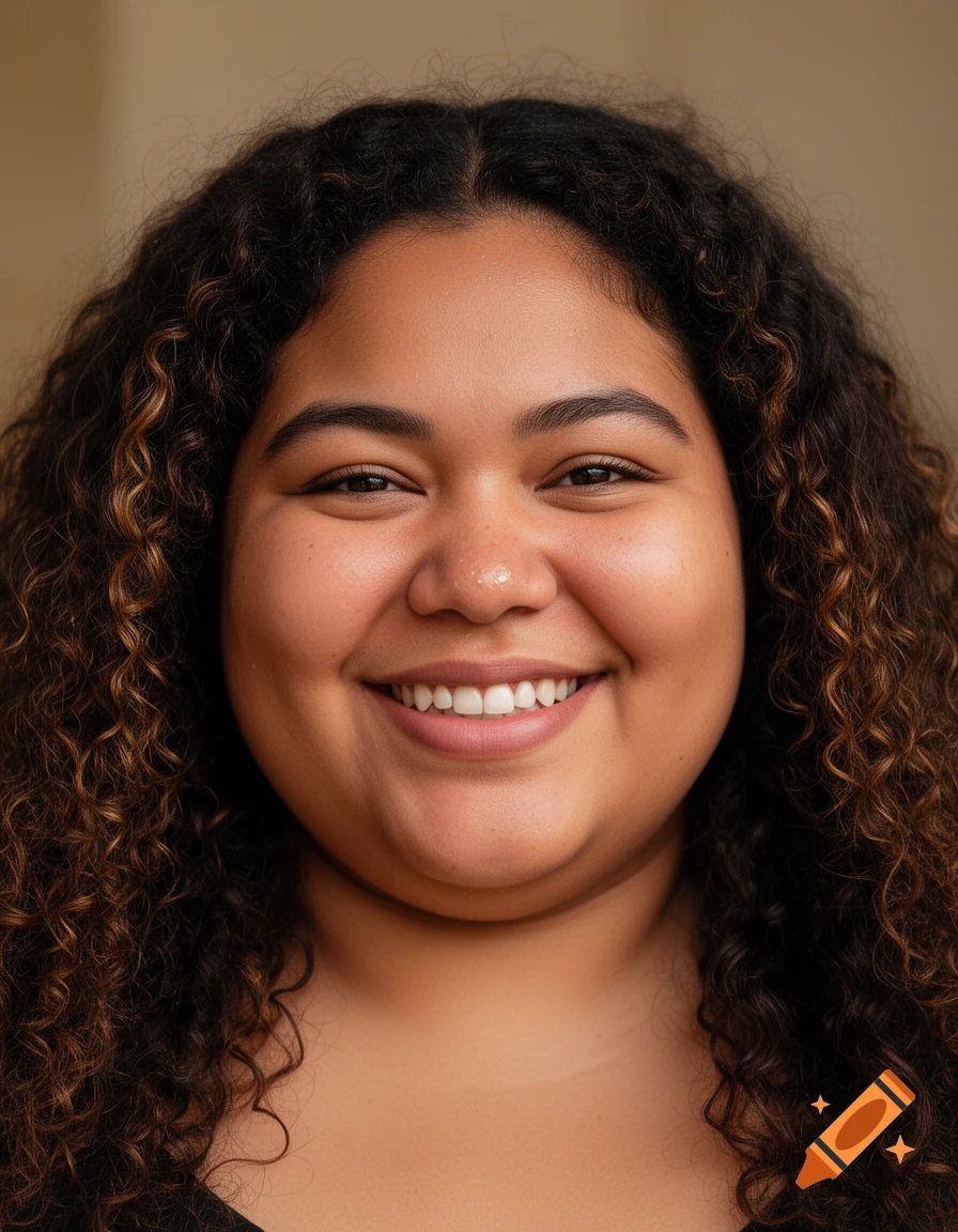 A close-up portrait of a smiling person with dark curly hair and warm ...