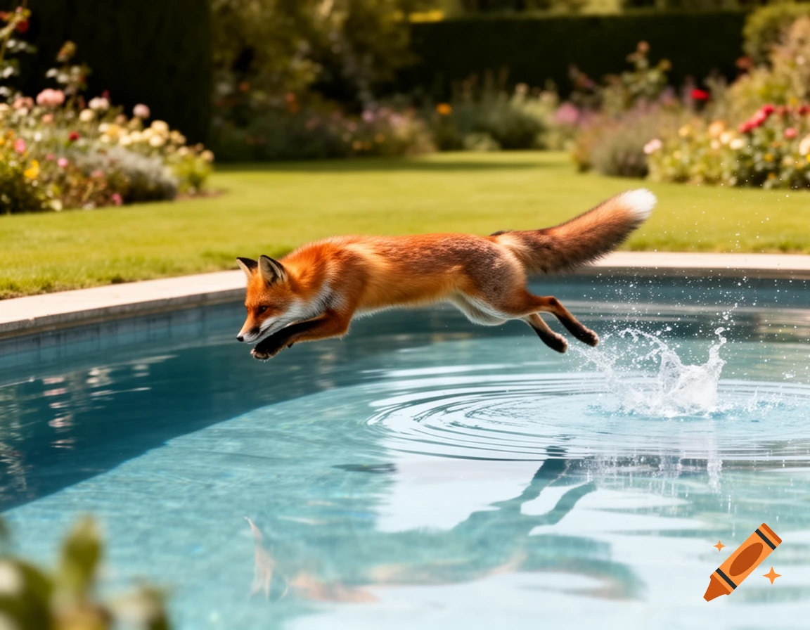 A photorealistic image of a red fox mid-jump, plunging into a clear blue swimming pool with a splash in a vibrant garden.