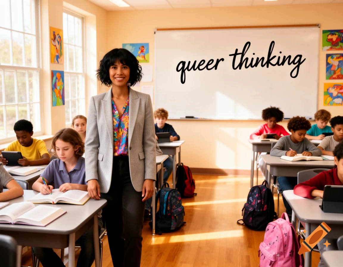 A diverse group of students in a classroom with a smiling teacher in front of a whiteboard that reads 'queer thinking'.