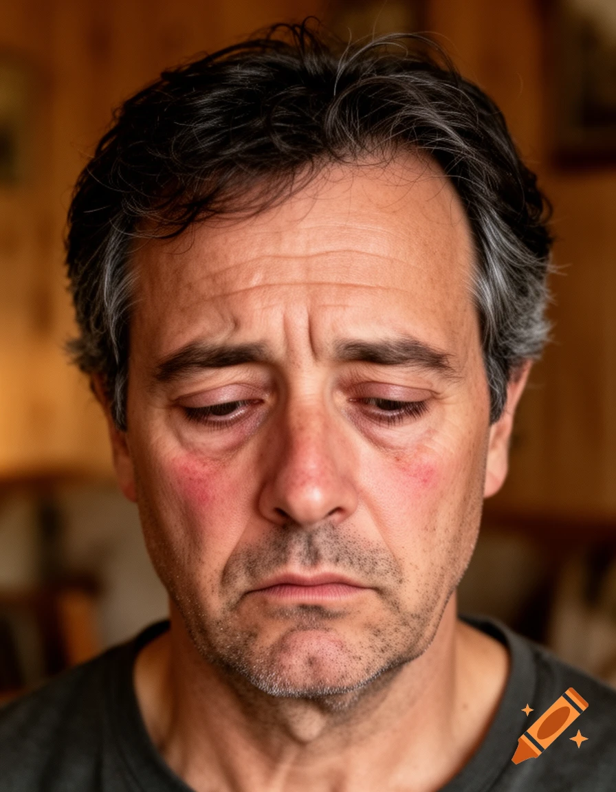 Close-up portrait of a middle-aged man with droopy, red-rimmed eyes, looking down with a sad or tired expression.
