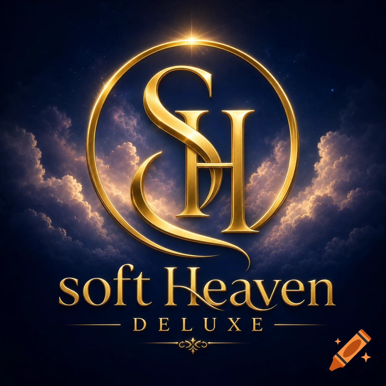 Golden 'SH' monogram logo for Soft Heaven Deluxe, set against a dark, starry sky with clouds.