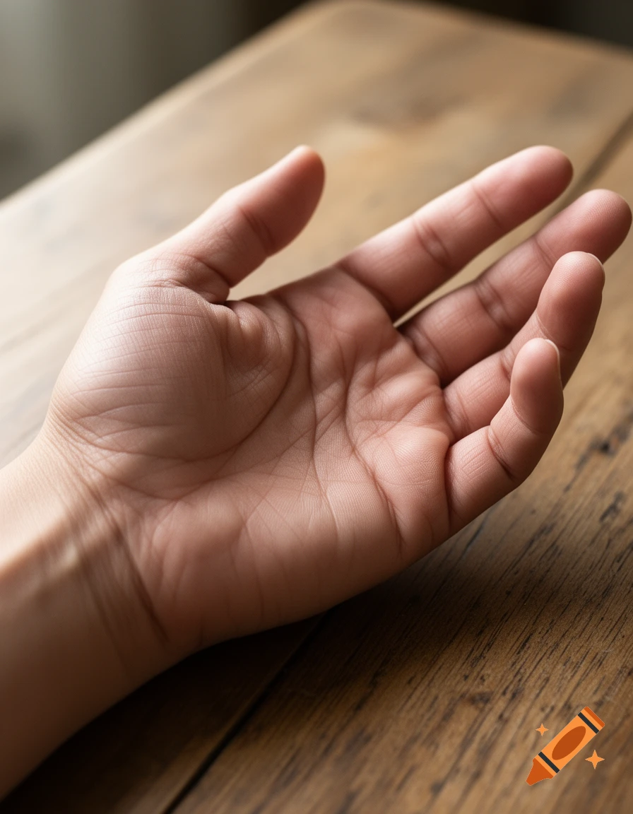Close-up of a person's open palm resting on a wooden table, with fingers slightly curled.
