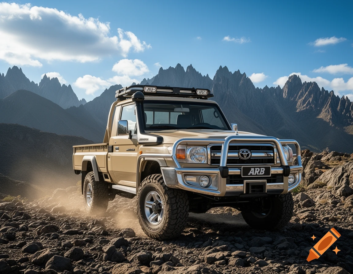 A beige Toyota Land Cruiser 79 pickup truck with ARB bull bar and roof rack drives on a rocky path with dust against jagged mountains under a blue sky.