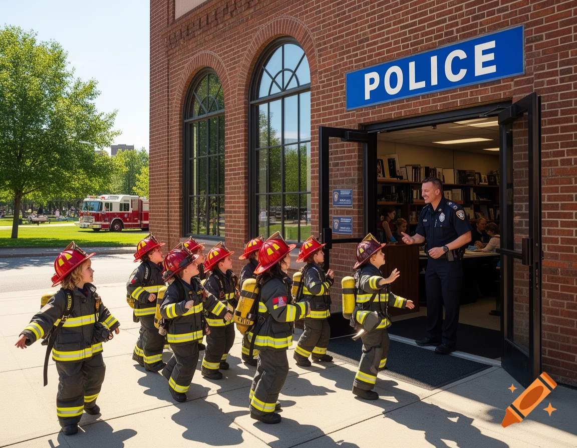 Children dressed as firefighters visit a police officer outside a brick police station on a sunny day, with a fire truck in the background.