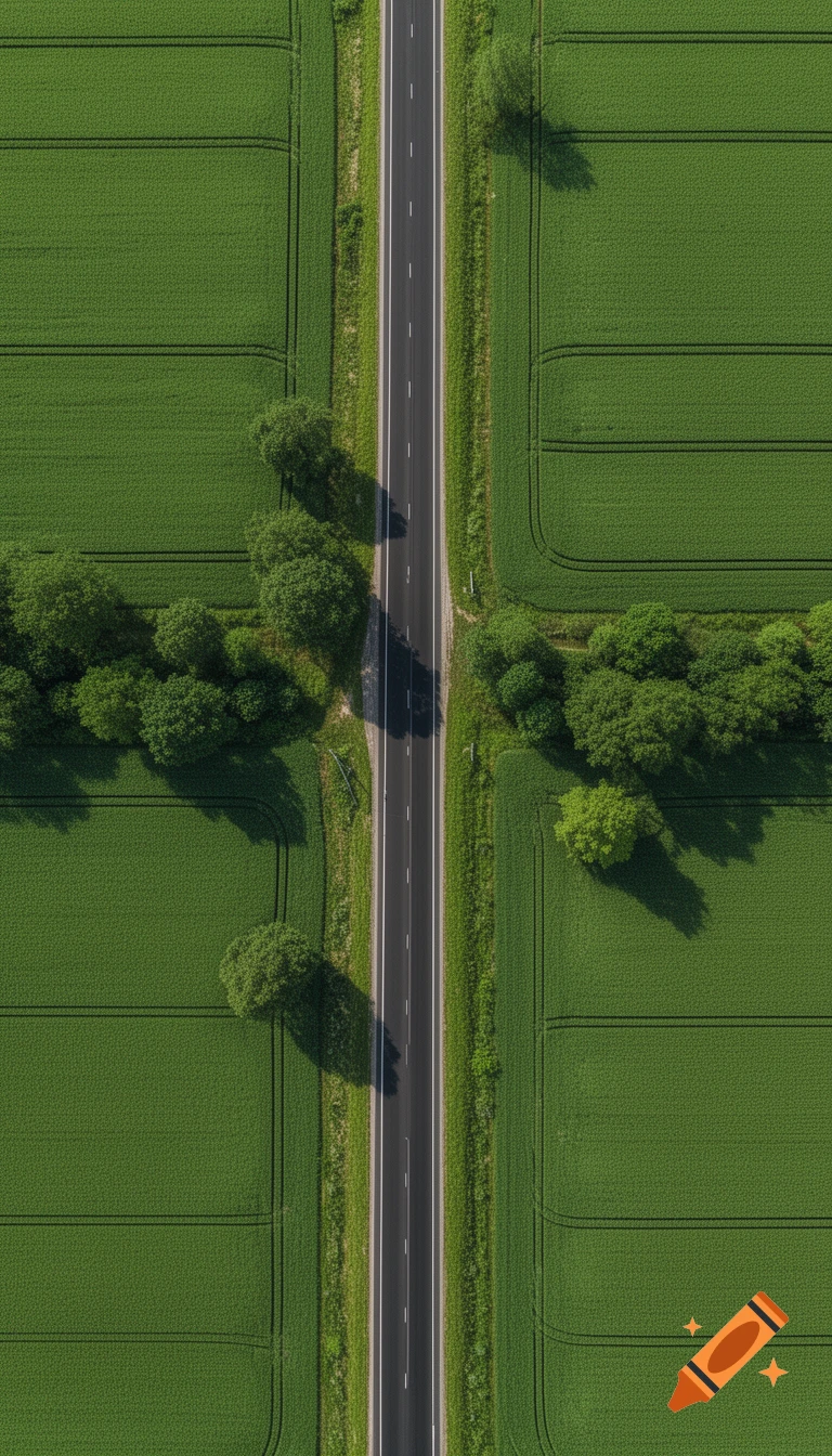 Aerial top-down view of a straight two-lane highway cutting through flat green agricultural fields with sparse trees.