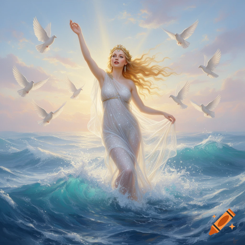 Aphrodite, a goddess with long blonde hair and a sheer white gown, rises from the ocean waves surrounded by white doves at sunset, in a mythological painting style.