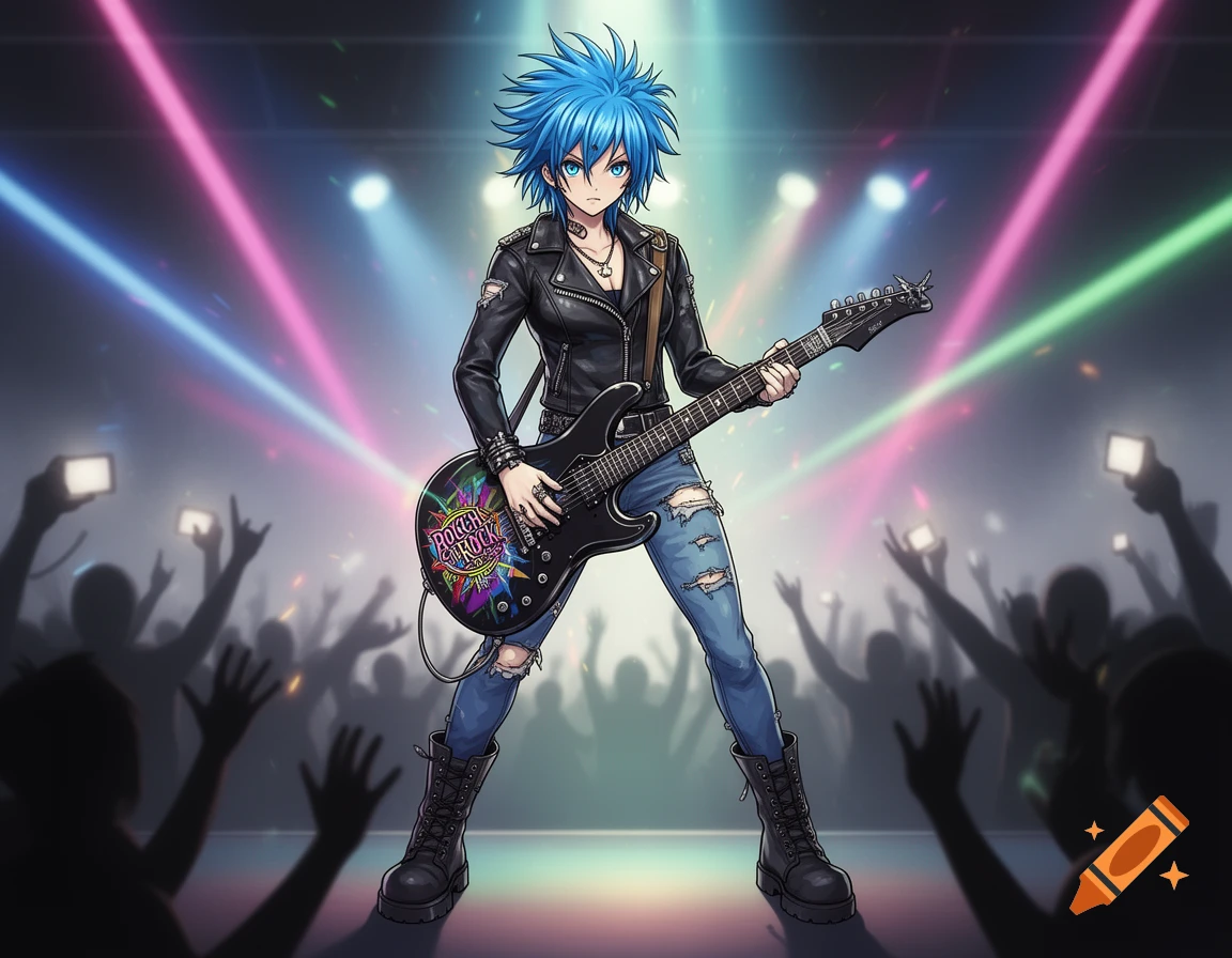 An anime character with spiky blue hair plays an electric guitar on stage under colorful lights, in front of a silhouetted audience.