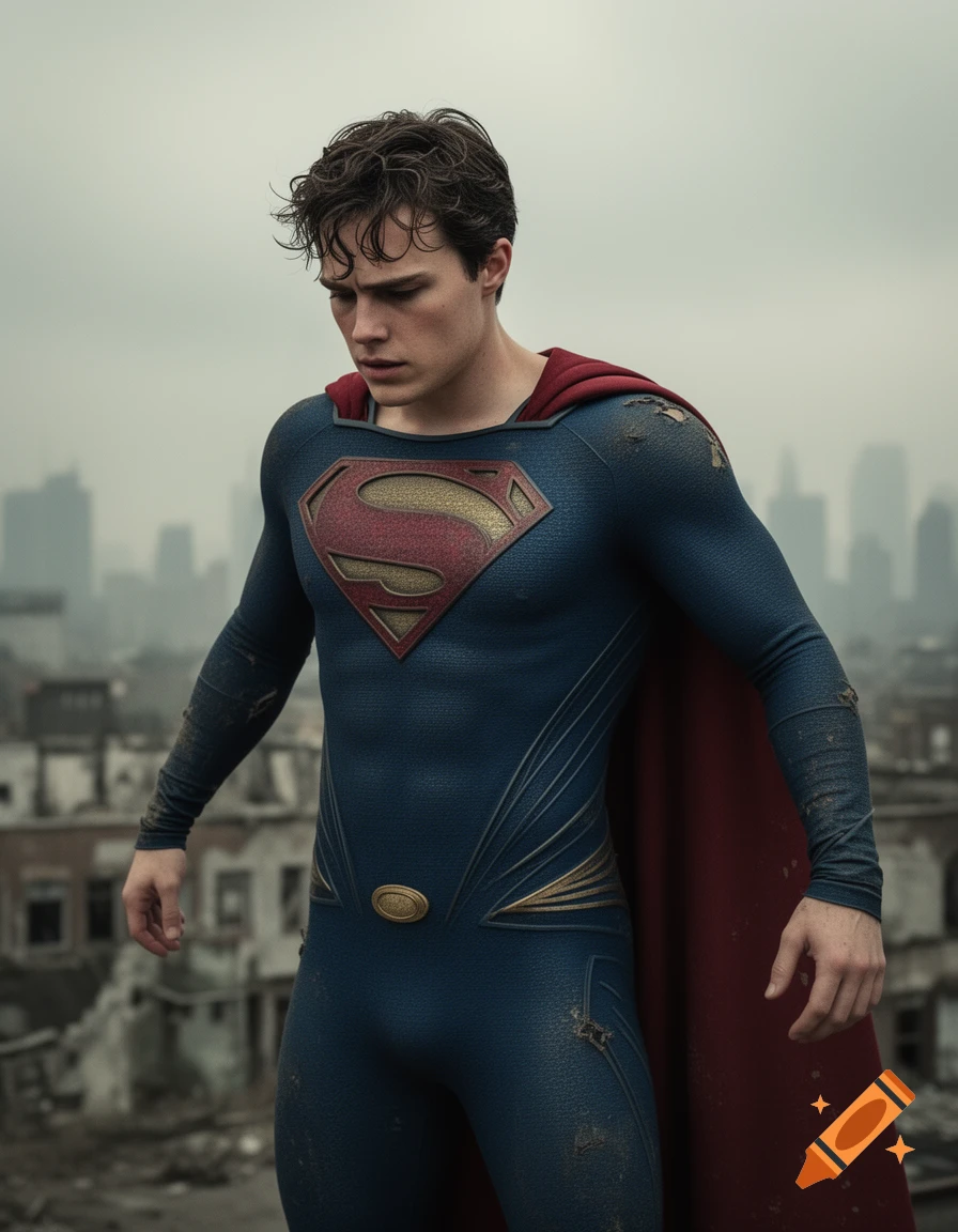 A photorealistic, somber Superman in a tattered blue and red suit, looking down against a ruined cityscape.