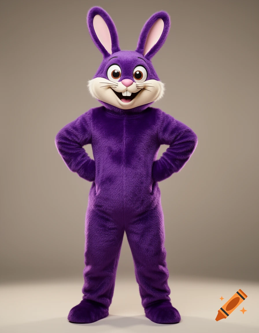 A full-body shot of a smiling purple bunny mascot with big teeth and pink ears, standing with hands on its hips against a plain background.