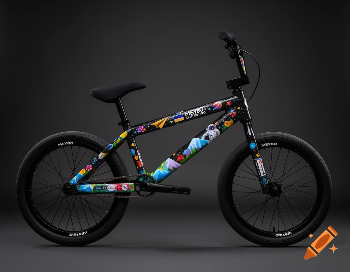 A black BMX bike with colorful, glittery, nature-inspired space-themed decals featuring an astronaut, planets, stars, and mountains, against a dark background.