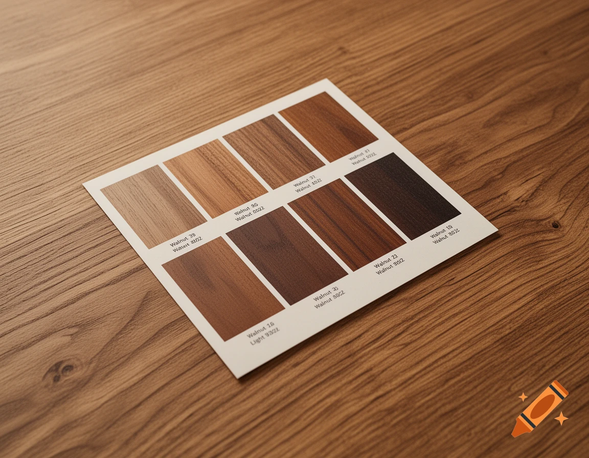 A close-up shot of a white color chart displaying various shades of walnut wood stain samples, arranged from light to dark, placed on an oak wood surface.