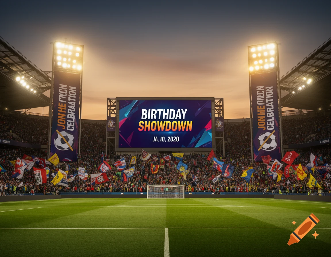 A vibrant football stadium at dusk, with a packed crowd, flags, and a large screen displaying 'BIRTHDAY SHOWDOWN'.