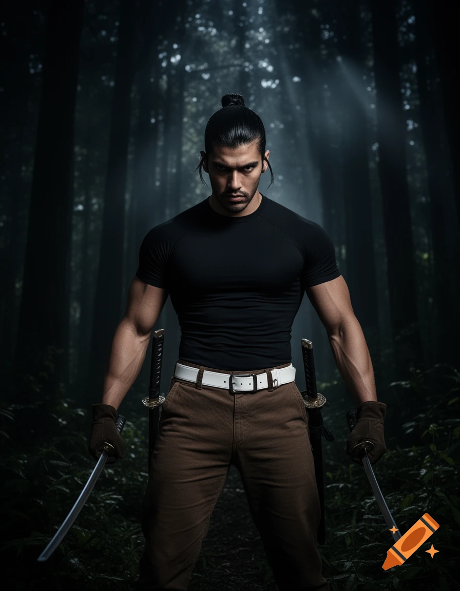 Muscular man with a bun in a black shirt and brown pants, holding two katanas in a dark, atmospheric forest.