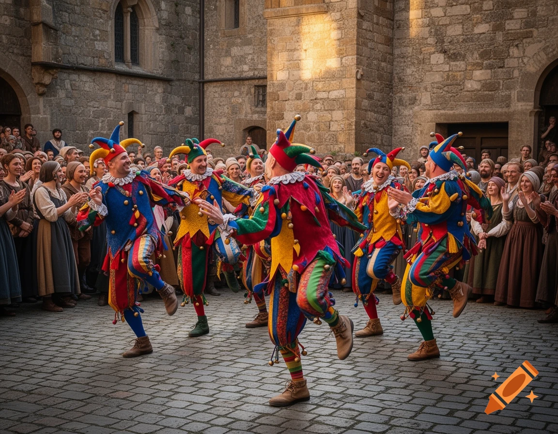 Multiple colorful jesters dance energetically in a cobblestone courtyard as a crowd of people watch and clap in a photorealistic image.